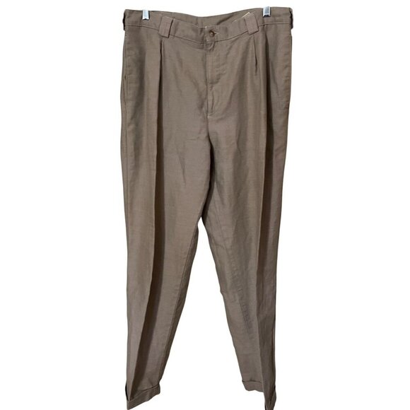 Savane Mens Pleated Linen Blend  Khaki Pants 34X30  Casual Trousers Beige Beach - Picture 1 of 12